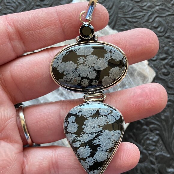 Snowflake Obsidian and Black Onyx Stone Jewelry Crystal Pendant - Picture 4 of 7